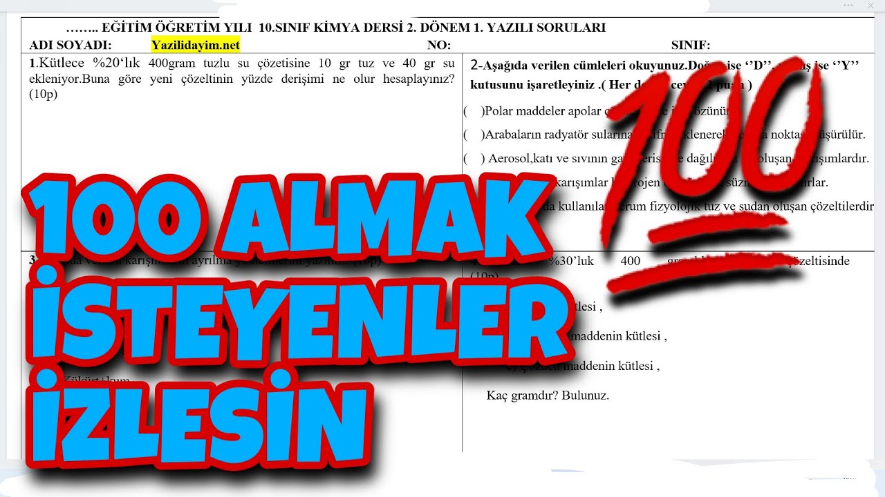 10. Sınıf Kimya 2. Dönem 1. Yazılı Soruları (Video) – Eğitim Sayfam