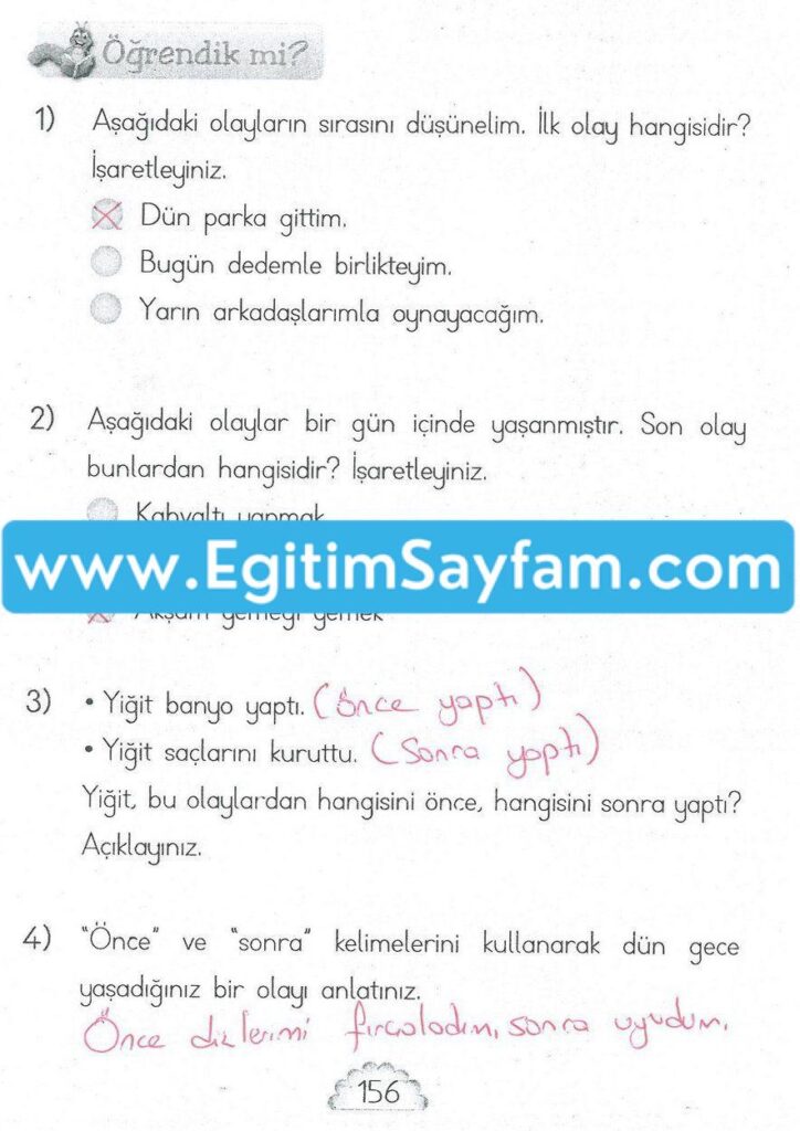 1. Sınıf MHG Yayınları Matematik Ders Kitabı Sayfa 156 Cevabı