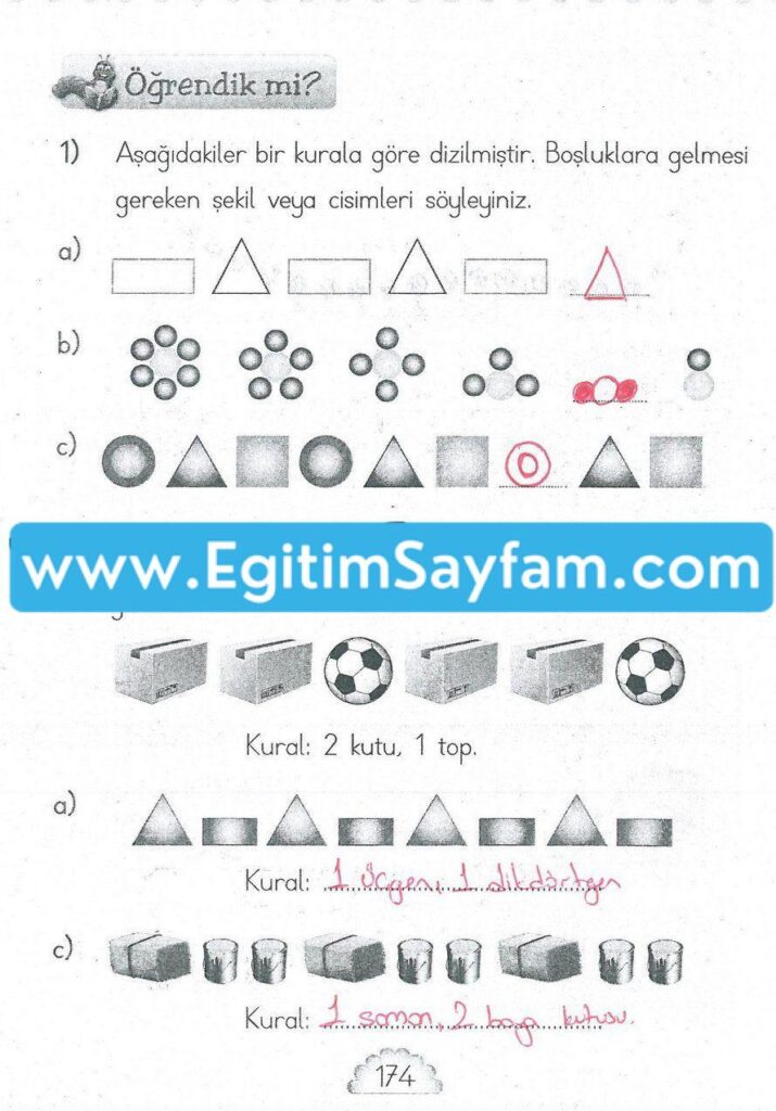 1. Sınıf MHG Yayınları Matematik Ders Kitabı Sayfa 174 Cevabı