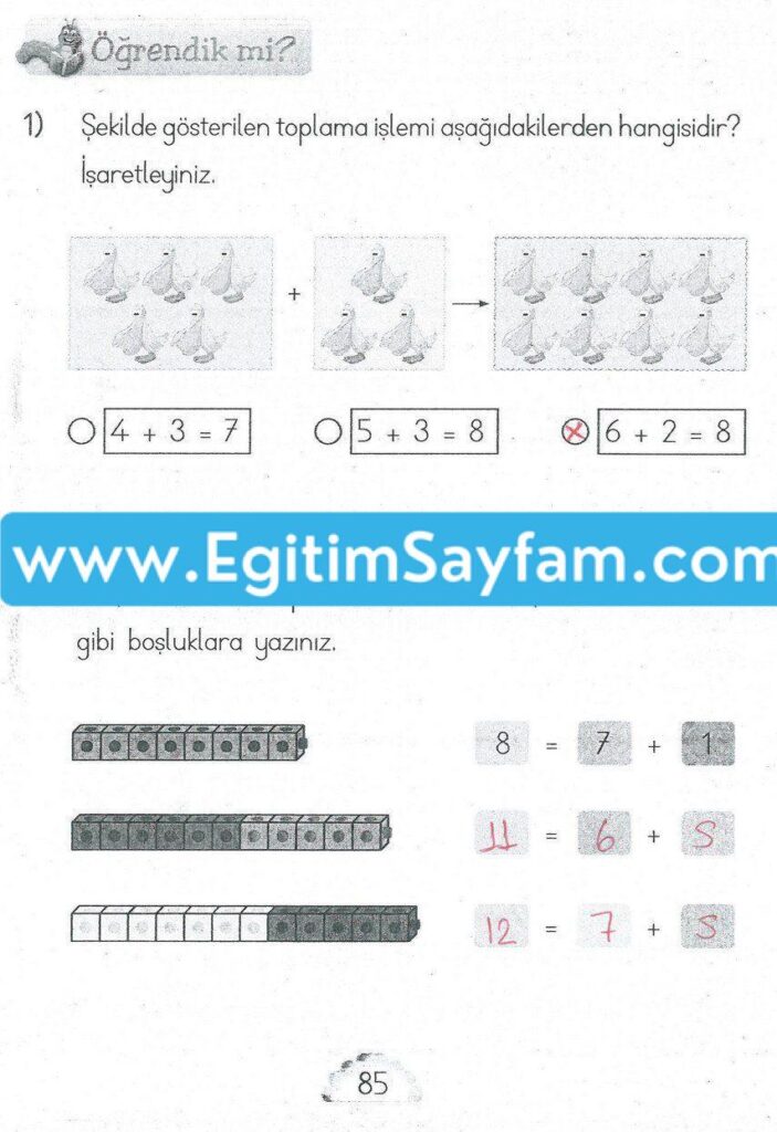 1. Sınıf MHG Yayınları Matematik Ders Kitabı Sayfa 85 Cevabı