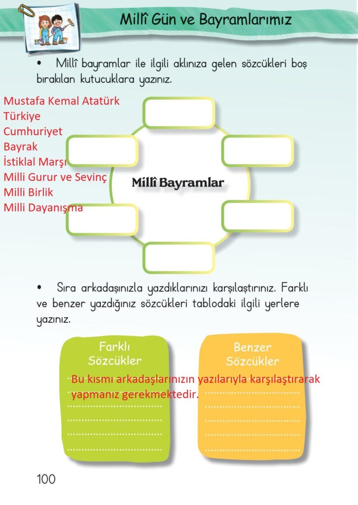 Sıra arkadaşınızla yazdıklarınızı karşılaştırınız. Farklı ve benzer yazdığınız sözcükleri tablodaki ilgili yerlere yazınız.