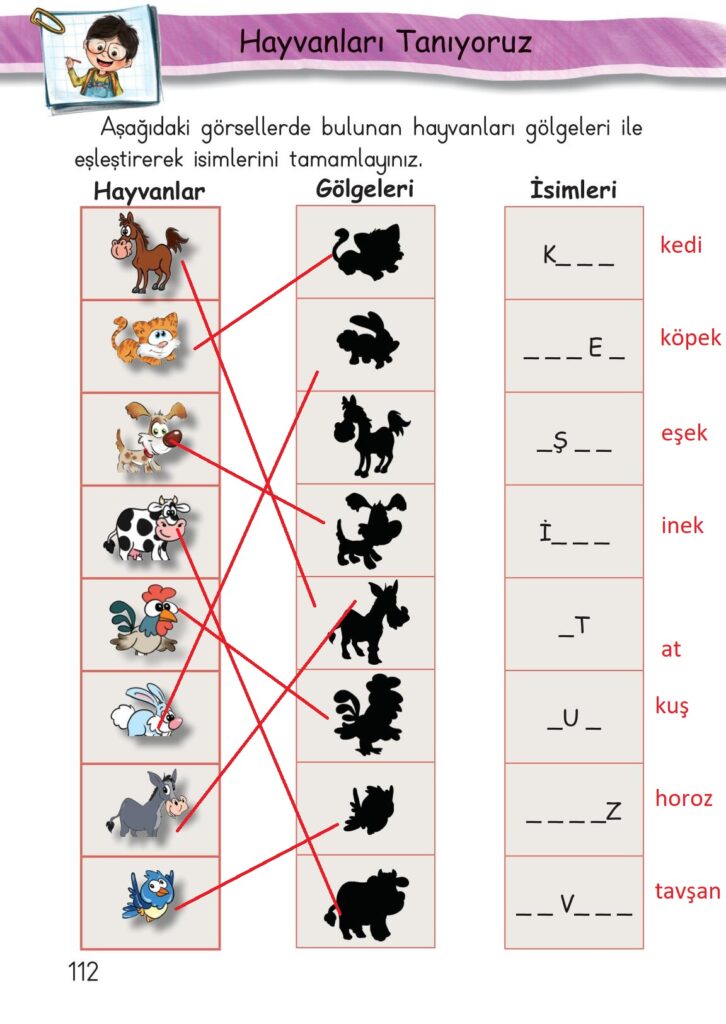 Aşağıdaki görsellerde bulunan hayvanları gölgeleri ile eşleştirerek isimlerini tamamlayınız.