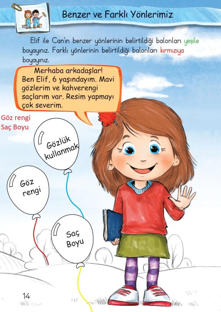 Elif ile Can’ın benzer yönlerinin belirtildiği balonları yeşile boyayınız. Farklı yönlerinin belirtildiği balonları kırmızıya boyayınız.