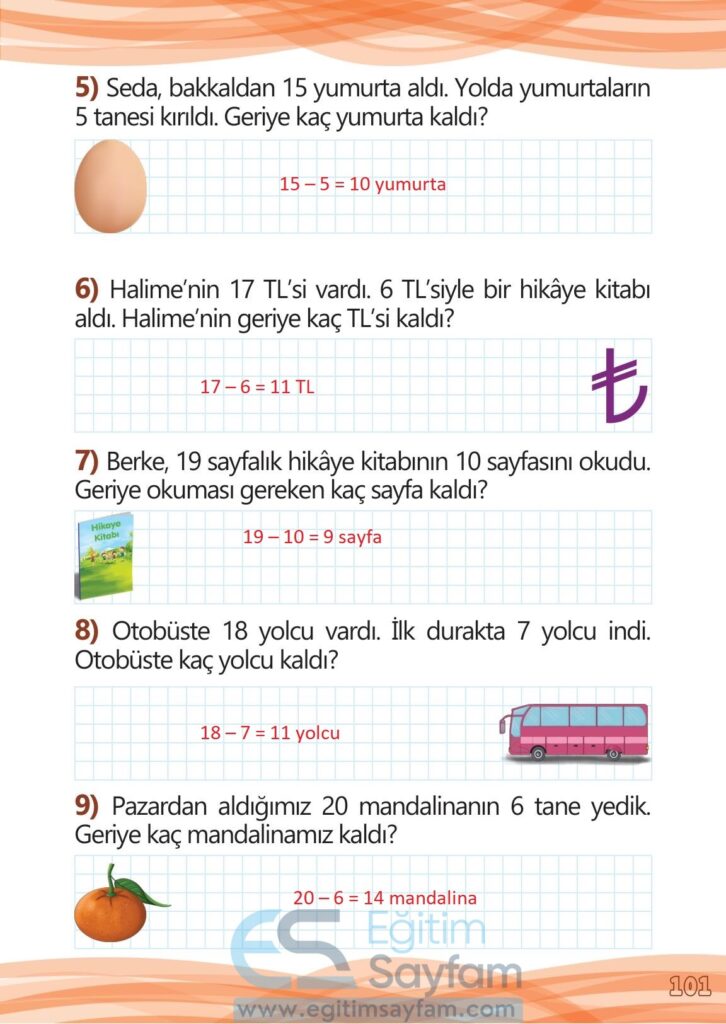 1. Sınıf Matematik Meb Yayınları Çalışma Kitabı Cevapları Sayfa 101