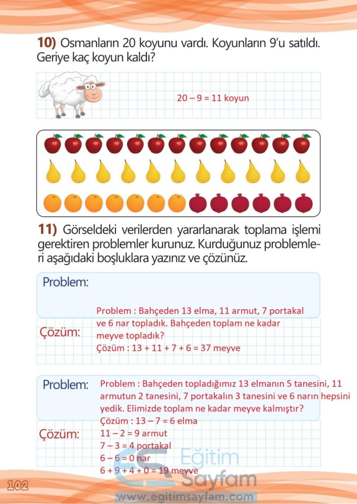 1. Sınıf Matematik Meb Yayınları Çalışma Kitabı Cevapları Sayfa 102