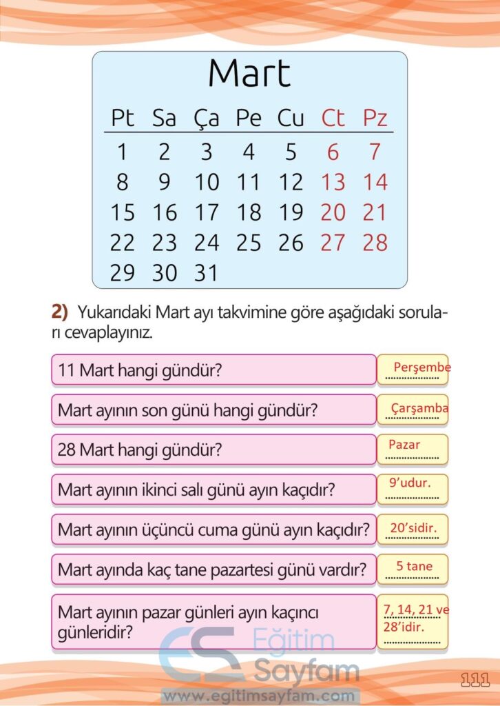 1. Sınıf Matematik Meb Yayınları Çalışma Kitabı Cevapları Sayfa 111