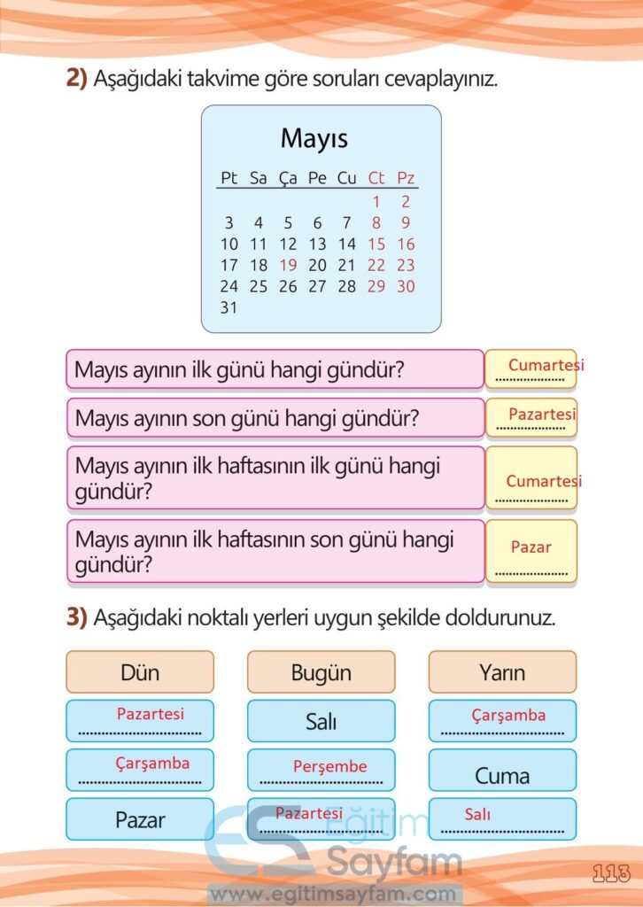 1. Sınıf Matematik Meb Yayınları Çalışma Kitabı Cevapları Sayfa 113