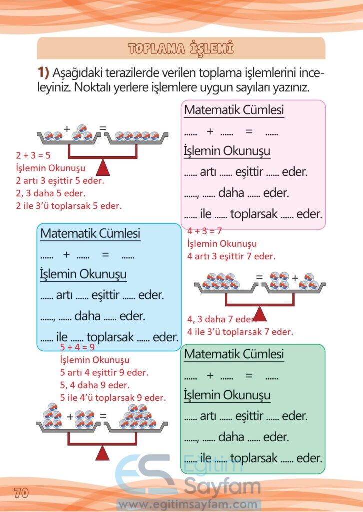 1. Sınıf Matematik Meb Yayınları Çalışma Kitabı Cevapları Sayfa 70