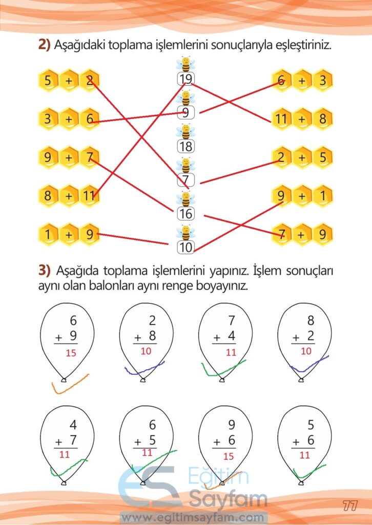 1. Sınıf Matematik Meb Yayınları Çalışma Kitabı Cevapları Sayfa 77