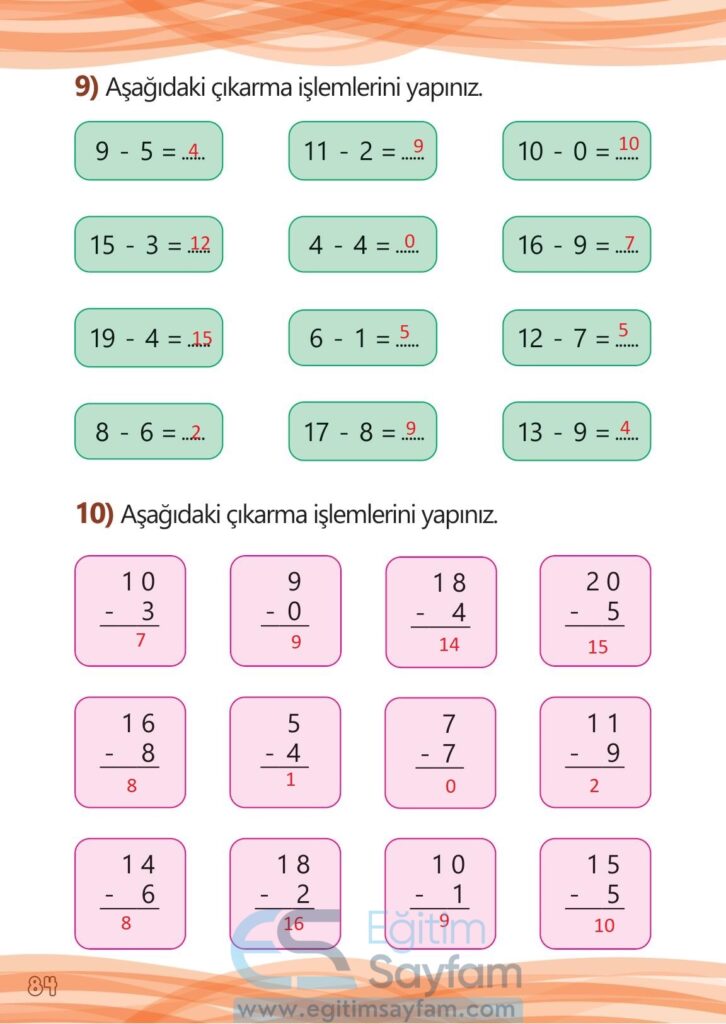 1. Sınıf Matematik Meb Yayınları Çalışma Kitabı Cevapları Sayfa 84