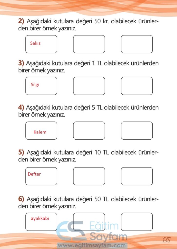 1. Sınıf Matematik Meb Yayınları Çalışma Kitabı Cevapları Sayfa 87