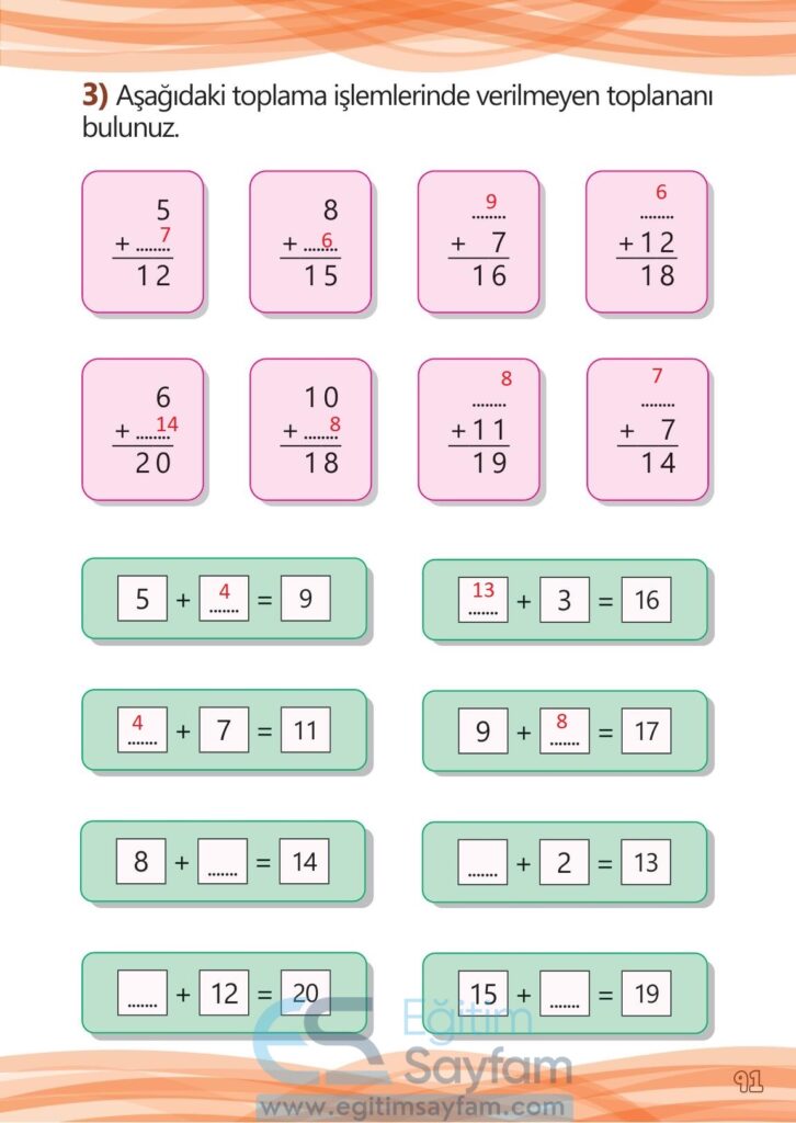 1. Sınıf Matematik Meb Yayınları Çalışma Kitabı Cevapları Sayfa 91