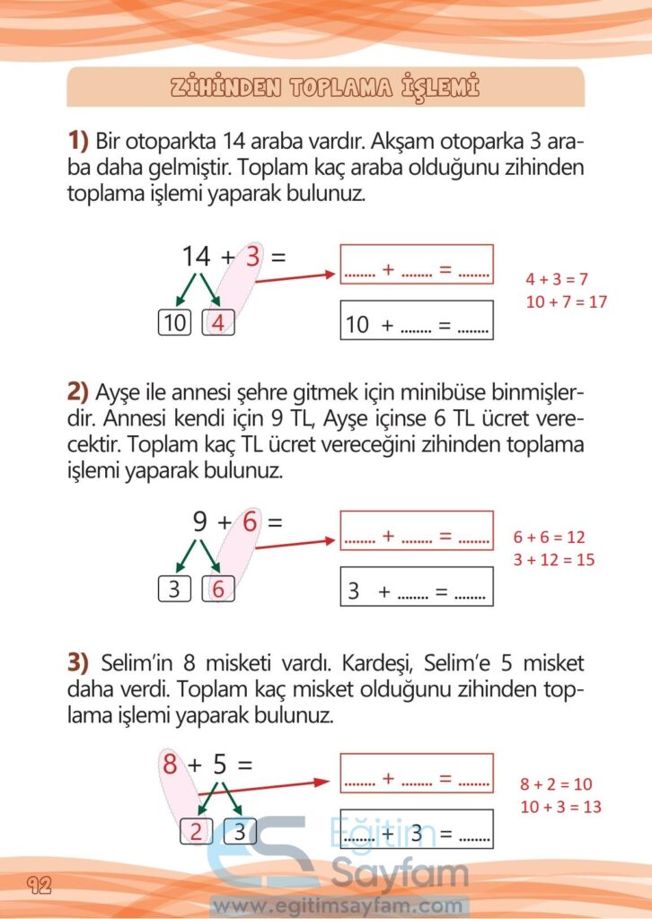 1. Sınıf Matematik Meb Yayınları Çalışma Kitabı Cevapları Sayfa 92