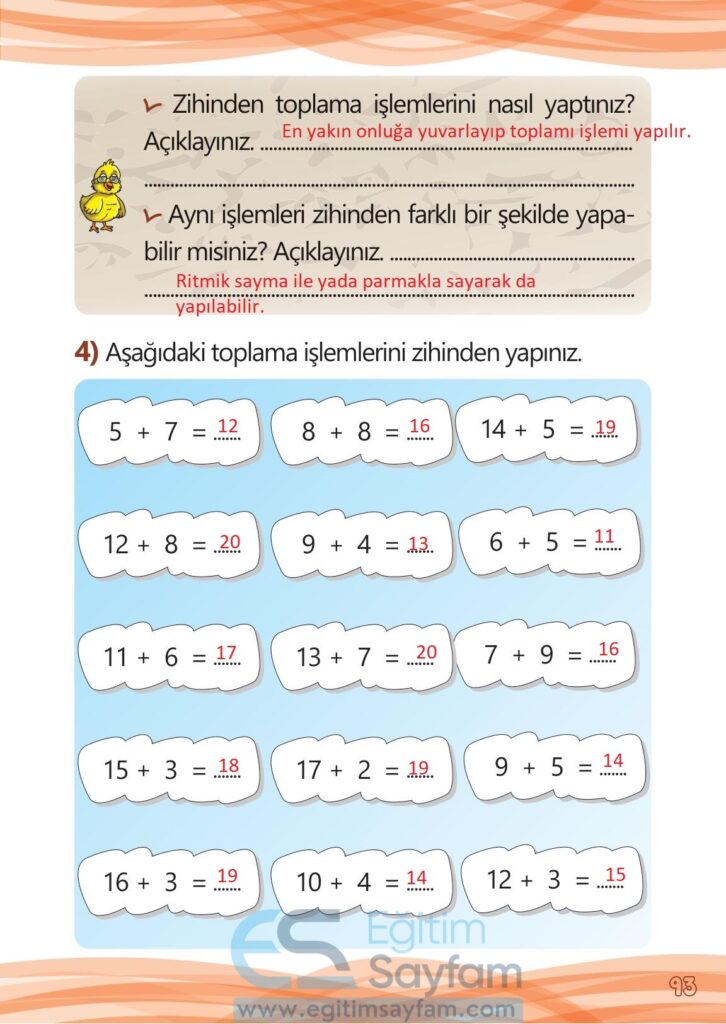 1. Sınıf Matematik Meb Yayınları Çalışma Kitabı Cevapları Sayfa 93