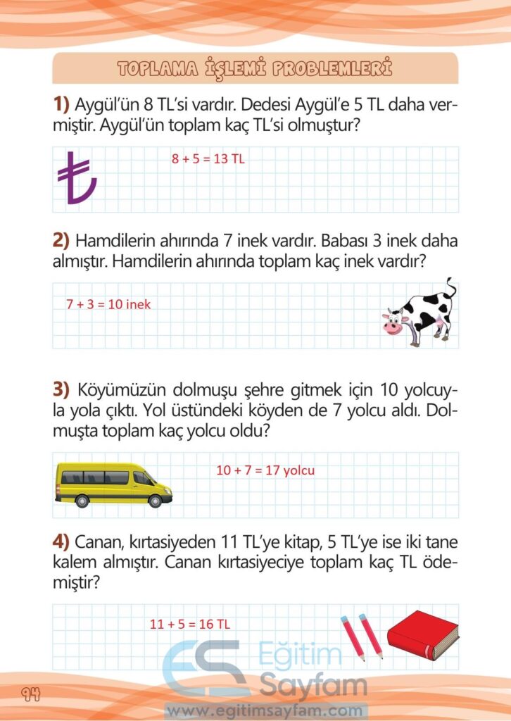 1. Sınıf Matematik Meb Yayınları Çalışma Kitabı Cevapları Sayfa 94