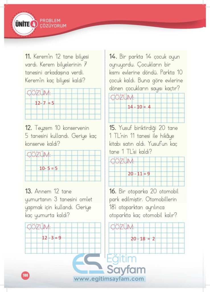 1. Sınıf Matematik Çalışma Kitabı Cevapları Meb Yayınları Sayfa 100