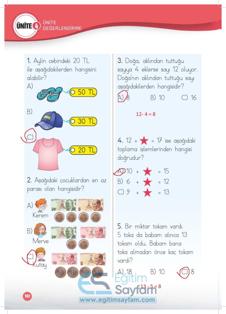 1. Sınıf Matematik Çalışma Kitabı Cevapları Meb Yayınları Sayfa 102