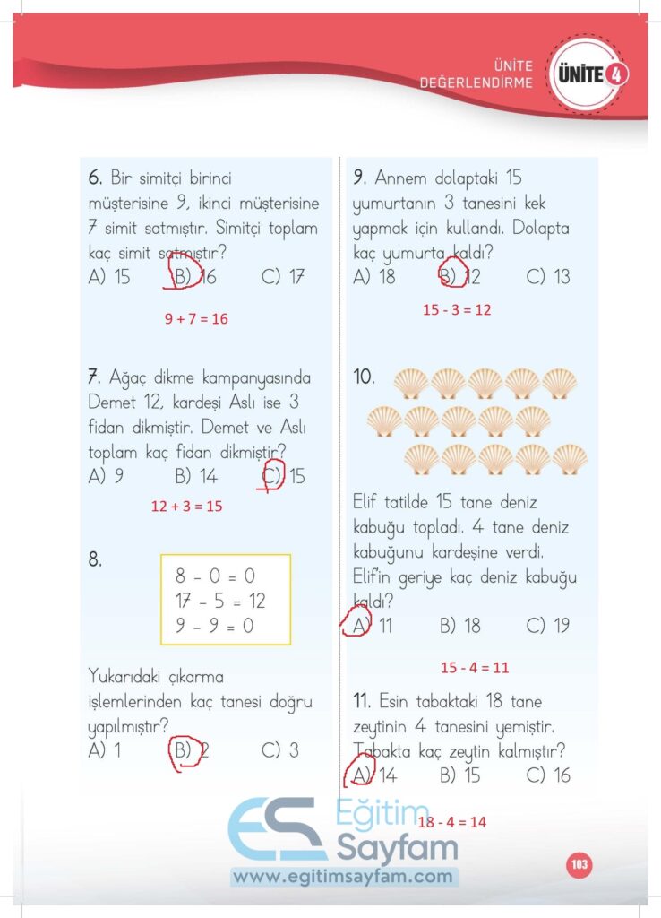 1. Sınıf Matematik Çalışma Kitabı Cevapları Meb Yayınları Sayfa 103