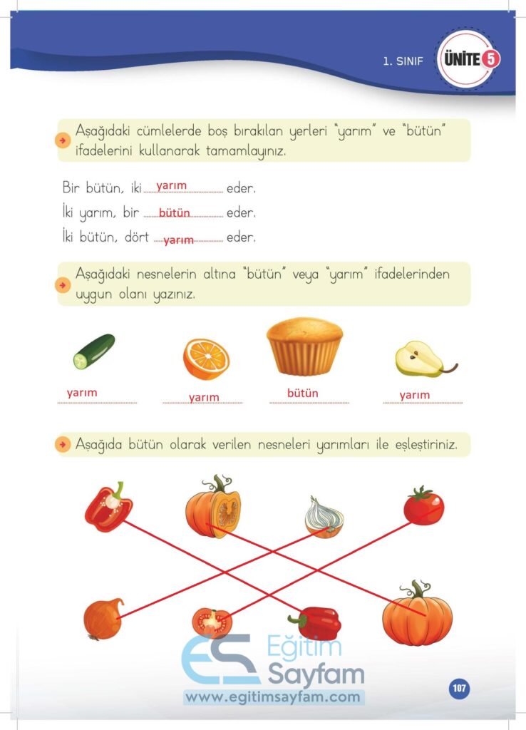 1. Sınıf Matematik Çalışma Kitabı Cevapları Meb Yayınları Sayfa 107