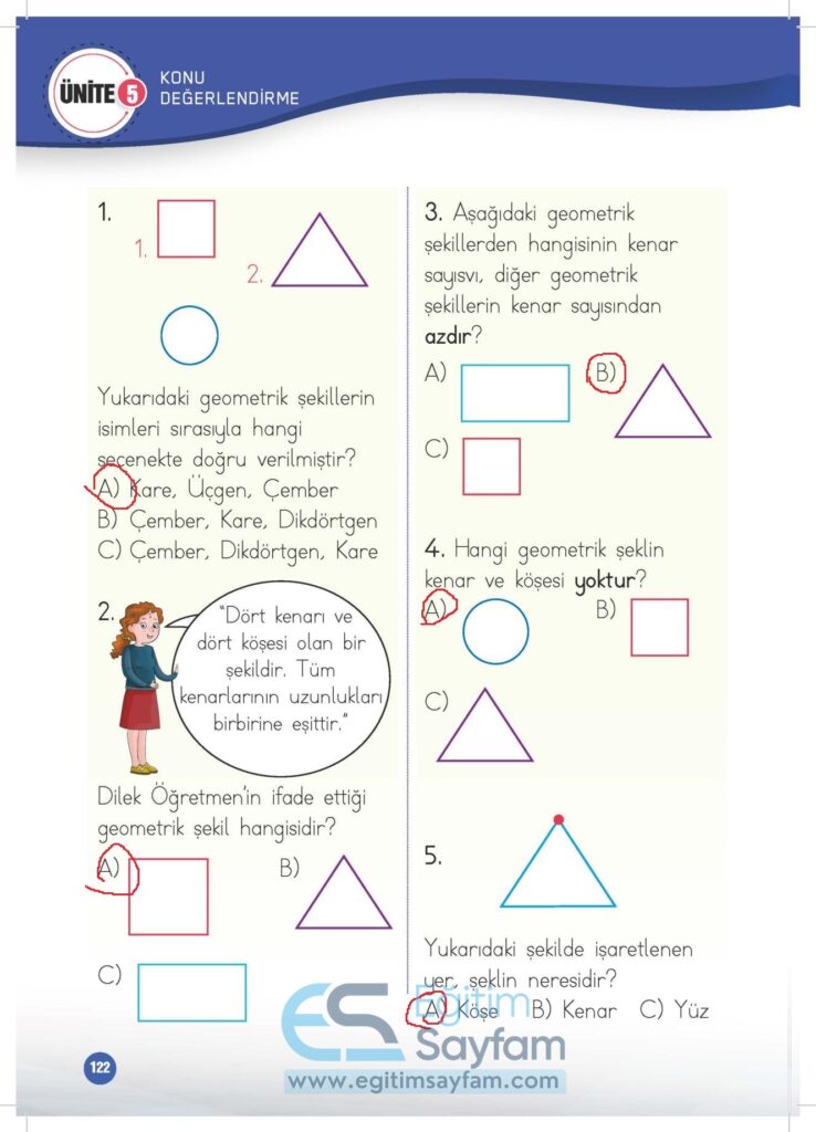 1. Sınıf Matematik Çalışma Kitabı Cevapları Meb Yayınları Sayfa 122