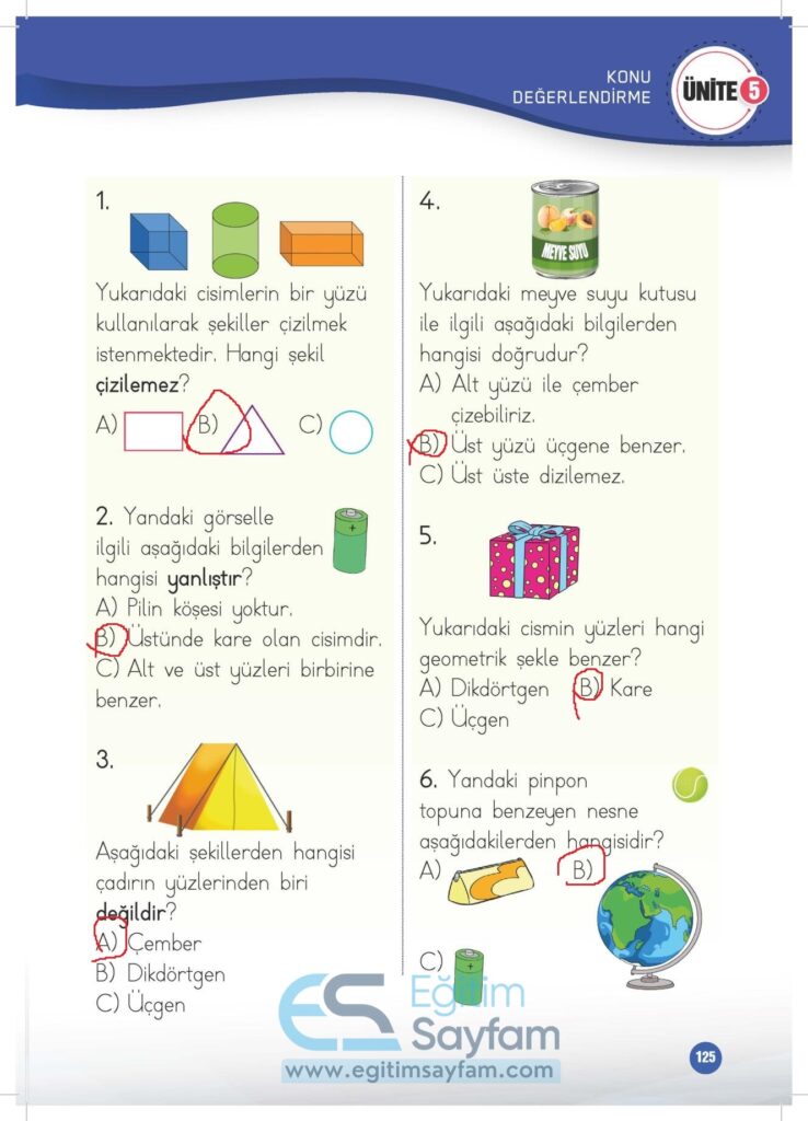 1. Sınıf Matematik Çalışma Kitabı Cevapları Meb Yayınları Sayfa 125