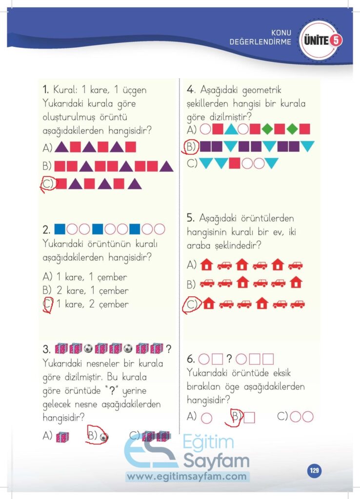 1. Sınıf Matematik Çalışma Kitabı Cevapları Meb Yayınları Sayfa 129