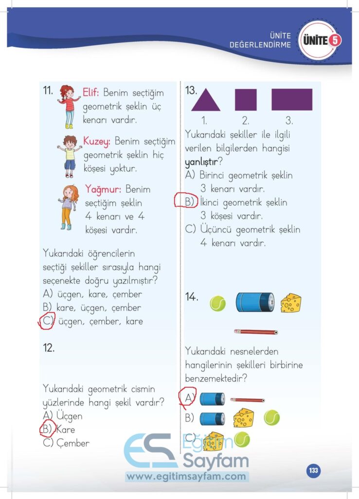 1. Sınıf Matematik Çalışma Kitabı Cevapları Meb Yayınları Sayfa 133