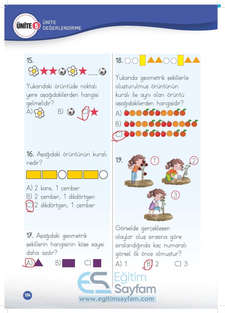 1. Sınıf Matematik Çalışma Kitabı Cevapları Meb Yayınları Sayfa 134