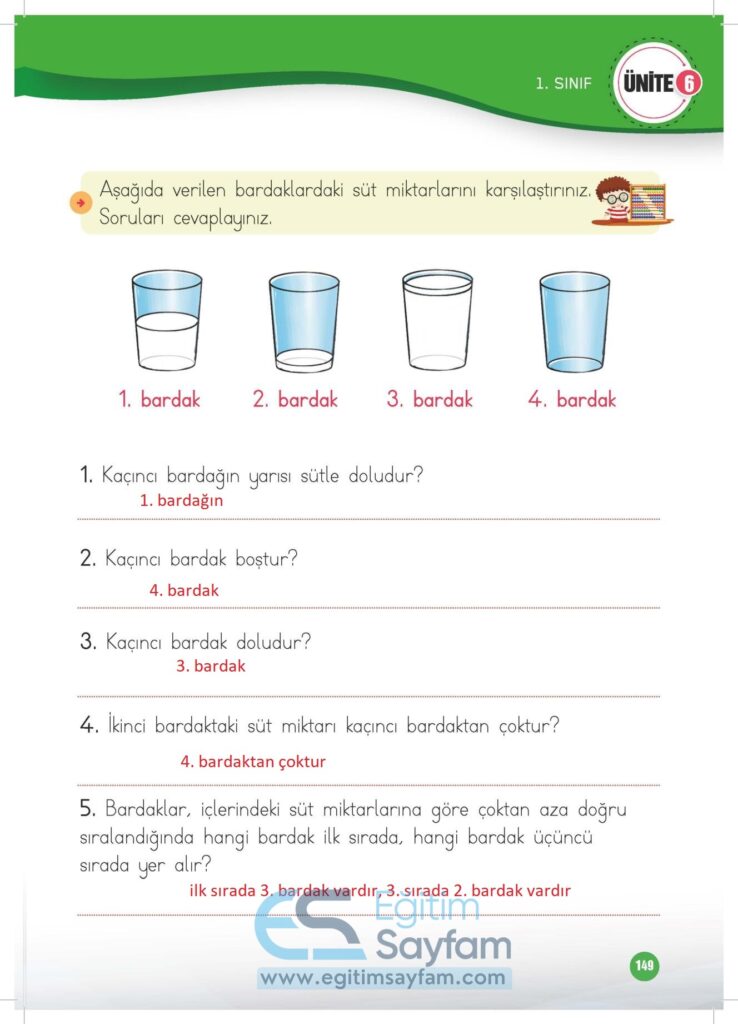 1. Sınıf Matematik Çalışma Kitabı Cevapları Meb Yayınları Sayfa 149