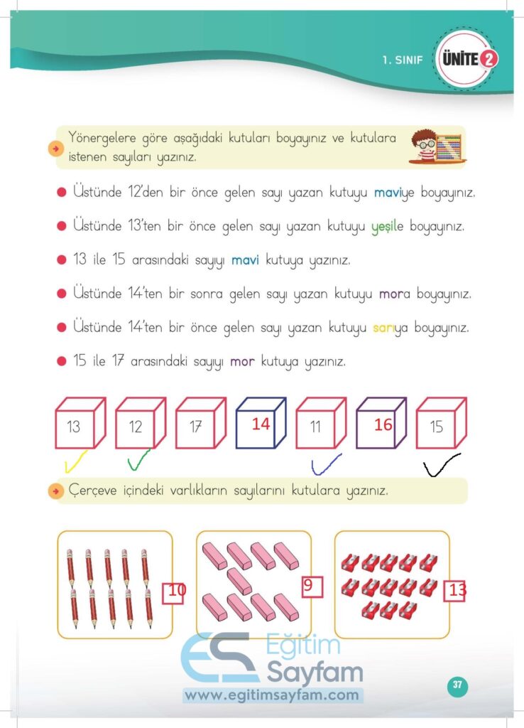 1. Sınıf Matematik Çalışma Kitabı Cevapları Meb Yayınları Sayfa 37