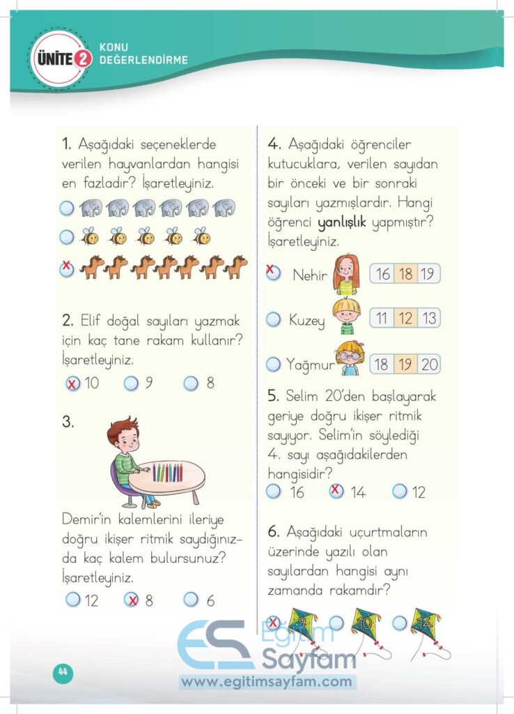 1. Sınıf Matematik Çalışma Kitabı Cevapları Meb Yayınları Sayfa 44