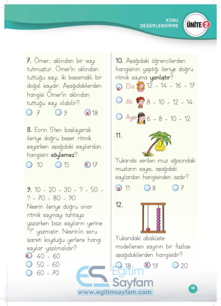 1. Sınıf Matematik Çalışma Kitabı Cevapları Meb Yayınları Sayfa 45