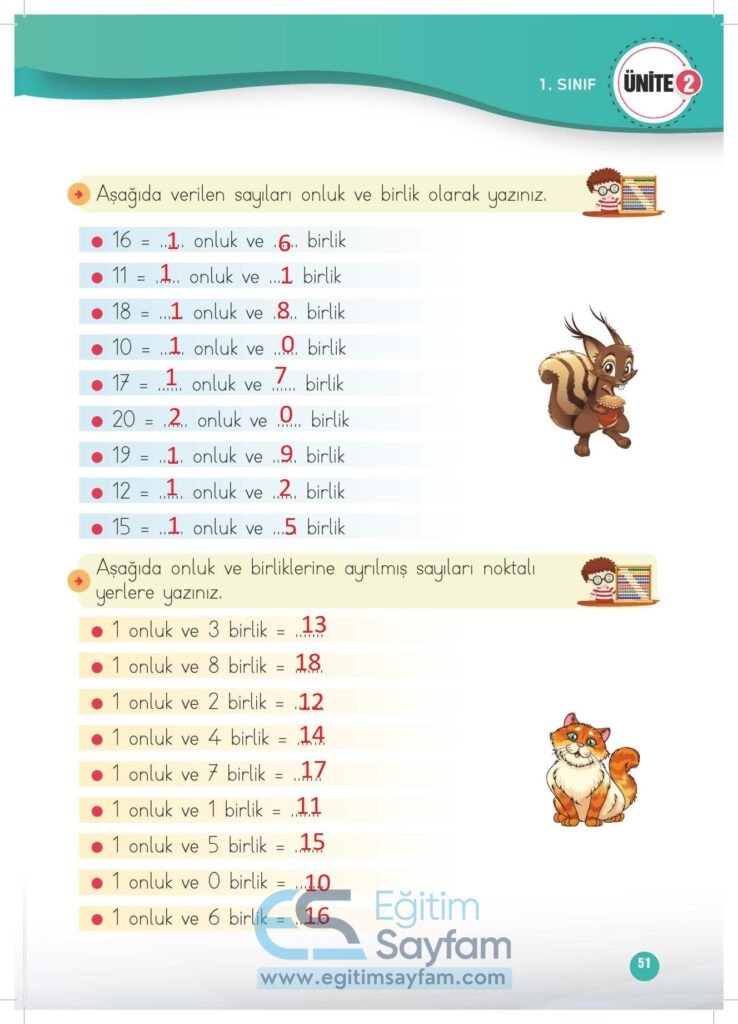 1. Sınıf Matematik Çalışma Kitabı Cevapları Meb Yayınları Sayfa 51