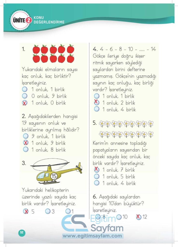 1. Sınıf Matematik Çalışma Kitabı Cevapları Meb Yayınları Sayfa 52