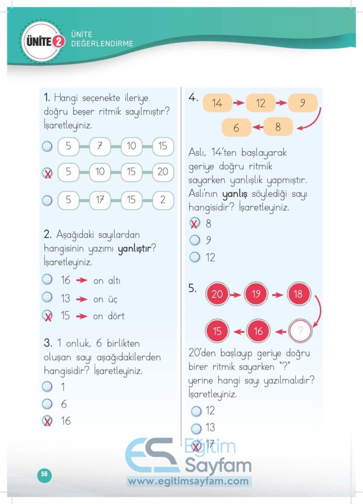 1. Sınıf Matematik Çalışma Kitabı Cevapları Meb Yayınları Sayfa 56