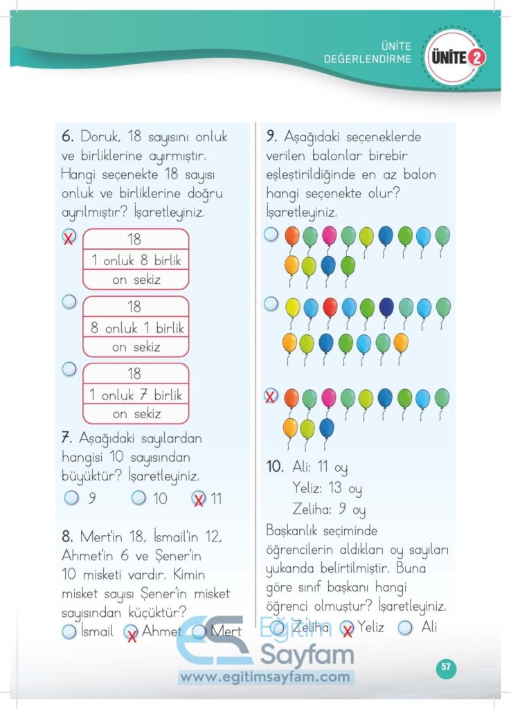 1. Sınıf Matematik Çalışma Kitabı Cevapları Meb Yayınları Sayfa 57