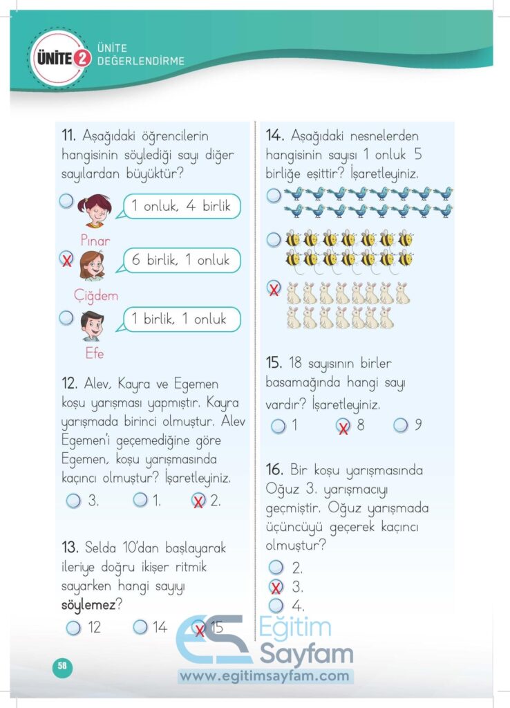 1. Sınıf Matematik Çalışma Kitabı Cevapları Meb Yayınları Sayfa 58