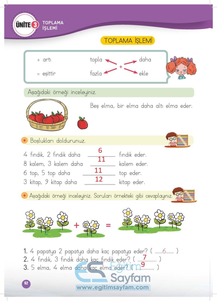 1. Sınıf Matematik Çalışma Kitabı Cevapları Meb Yayınları Sayfa 62