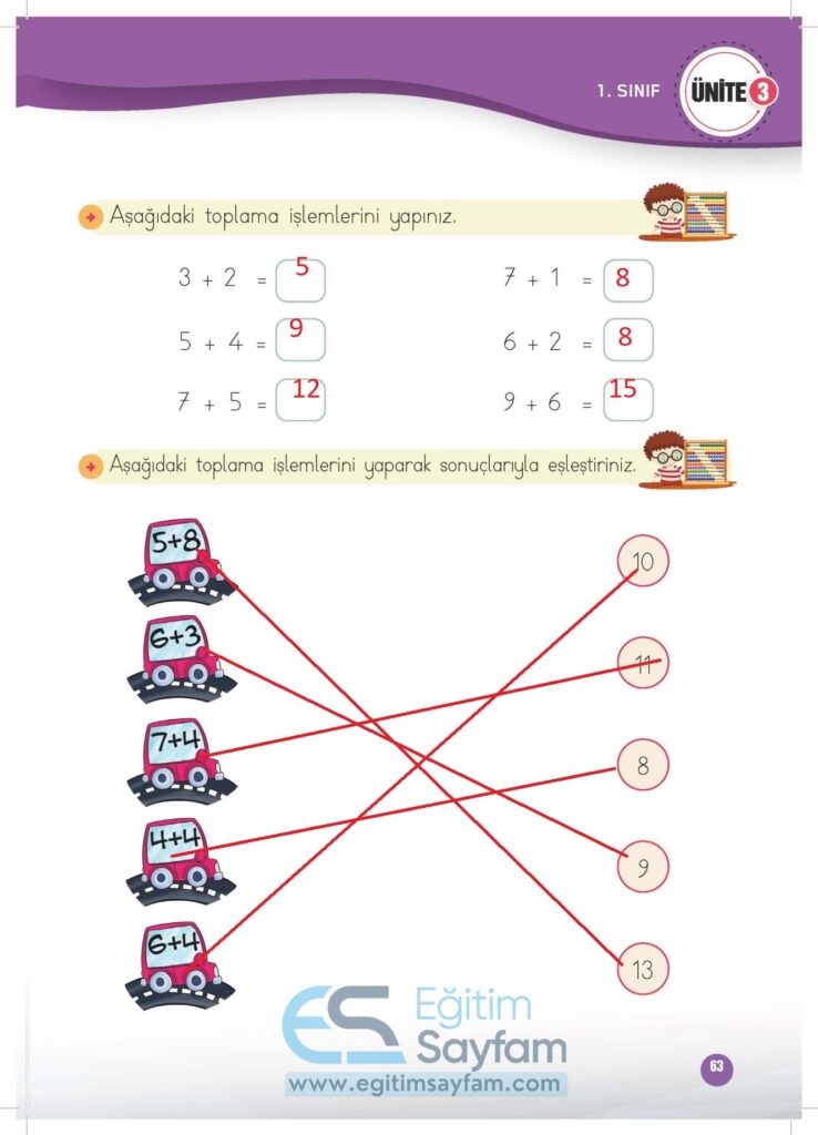 1. Sınıf Matematik Çalışma Kitabı Cevapları Meb Yayınları Sayfa 63