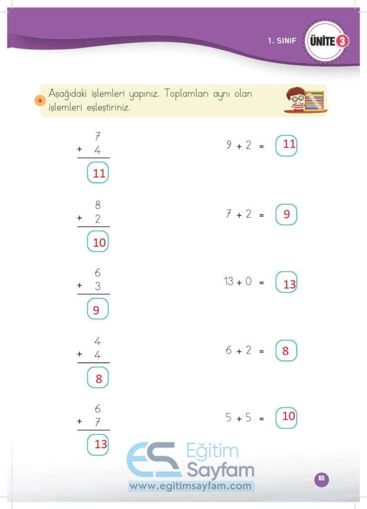 1. Sınıf Matematik Çalışma Kitabı Cevapları Meb Yayınları Sayfa 65