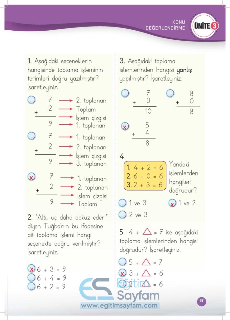 1. Sınıf Matematik Çalışma Kitabı Cevapları Meb Yayınları Sayfa 67