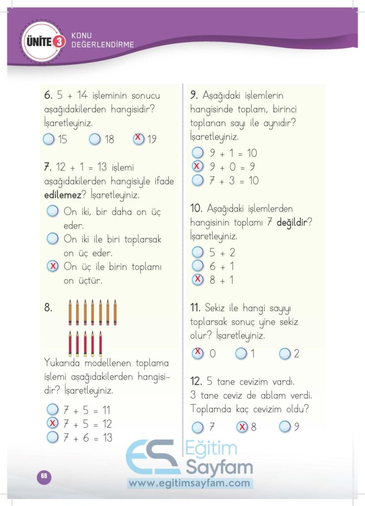 1. Sınıf Matematik Çalışma Kitabı Cevapları Meb Yayınları Sayfa 68