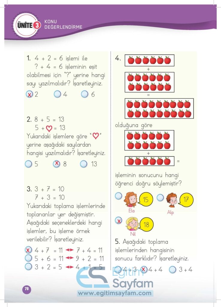 1. Sınıf Matematik Çalışma Kitabı Cevapları Meb Yayınları Sayfa 70