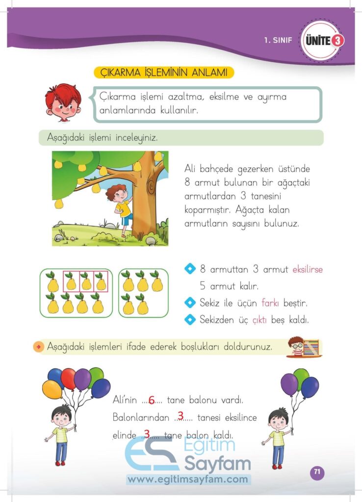 1. Sınıf Matematik Çalışma Kitabı Cevapları Meb Yayınları Sayfa 71