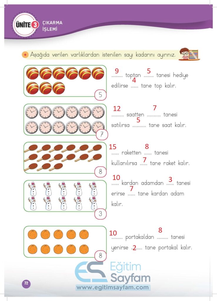 1. Sınıf Matematik Çalışma Kitabı Cevapları Meb Yayınları Sayfa 72