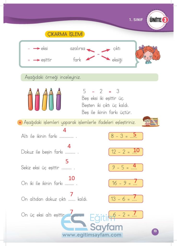 1. Sınıf Matematik Çalışma Kitabı Cevapları Meb Yayınları Sayfa 73