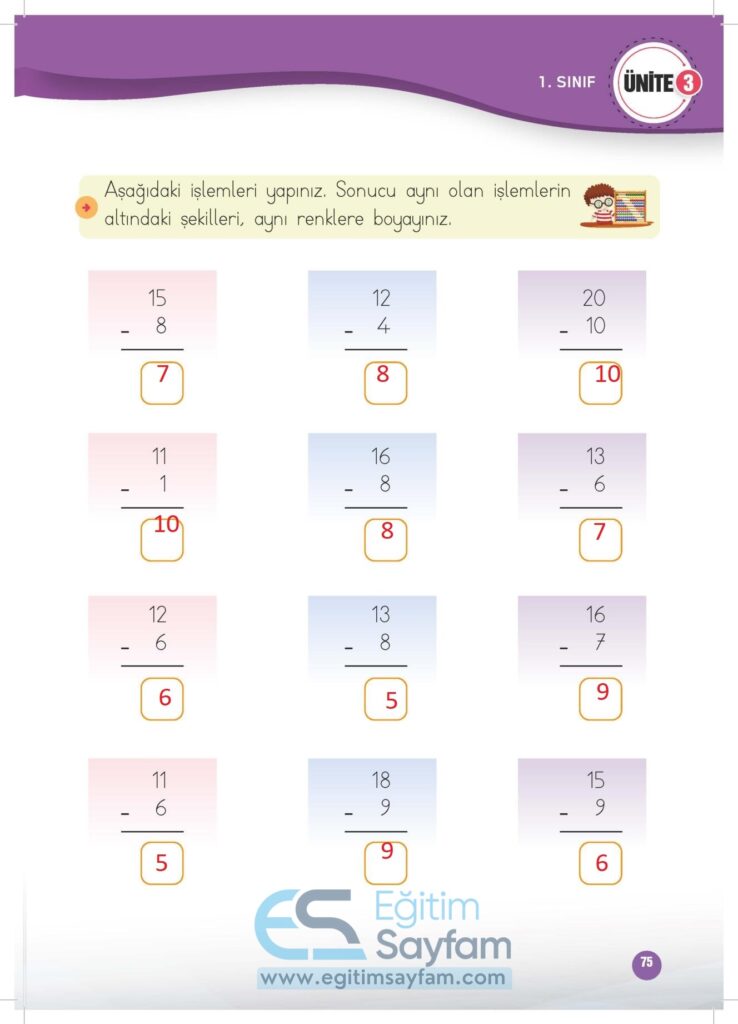 1. Sınıf Matematik Çalışma Kitabı Cevapları Meb Yayınları Sayfa 75