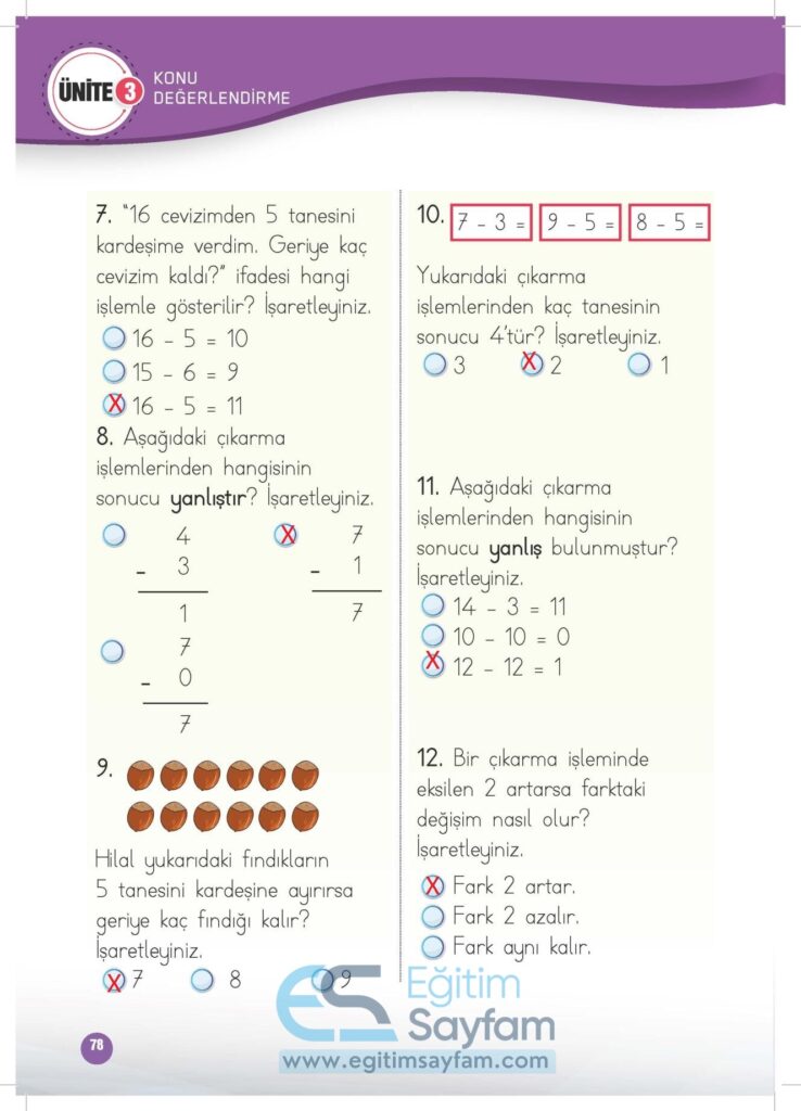 1. Sınıf Matematik Çalışma Kitabı Cevapları Meb Yayınları Sayfa 78