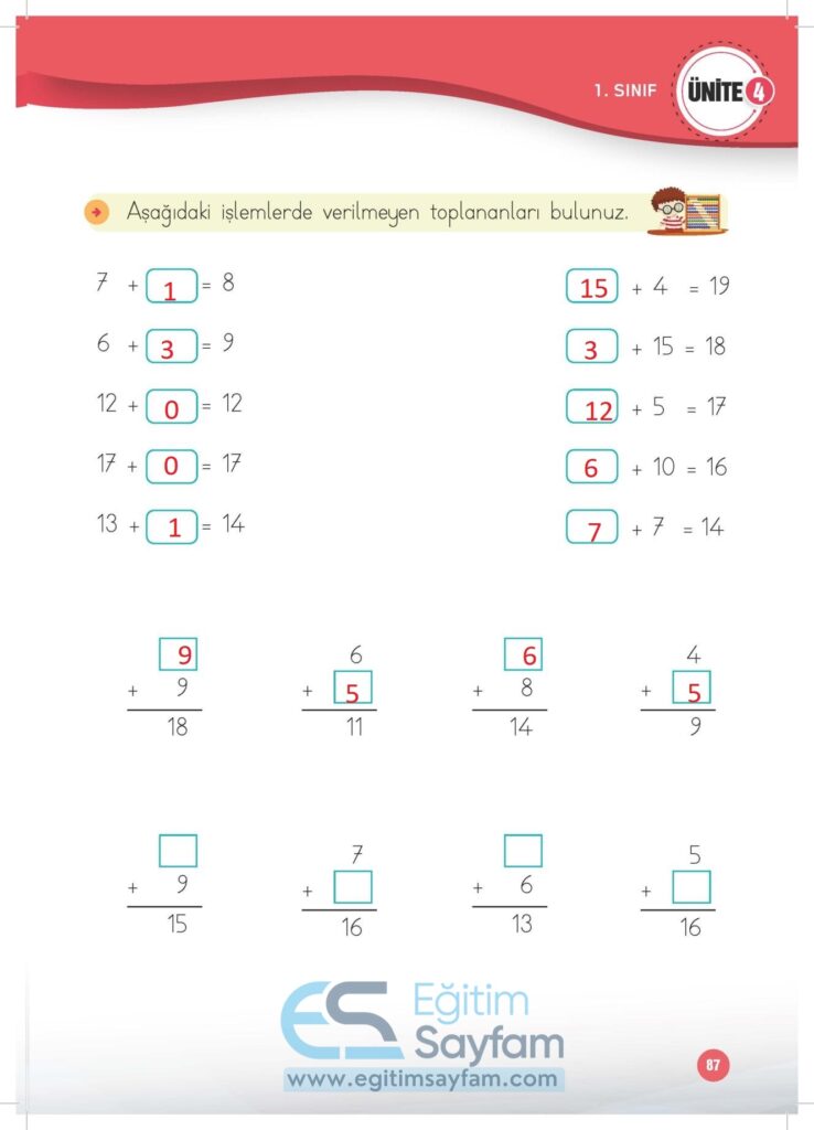 1. Sınıf Matematik Çalışma Kitabı Cevapları Meb Yayınları Sayfa 87