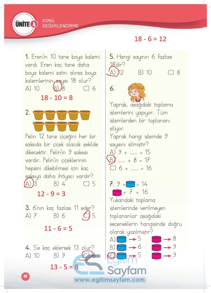 1. Sınıf Matematik Çalışma Kitabı Cevapları Meb Yayınları Sayfa 88